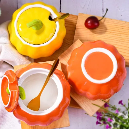 Vista 3 de Azucareros de porcelana con tapa y cucharas, cuenco de sal de cerámica con forma de calabaza para el hogar y la cocina, diseño elegante