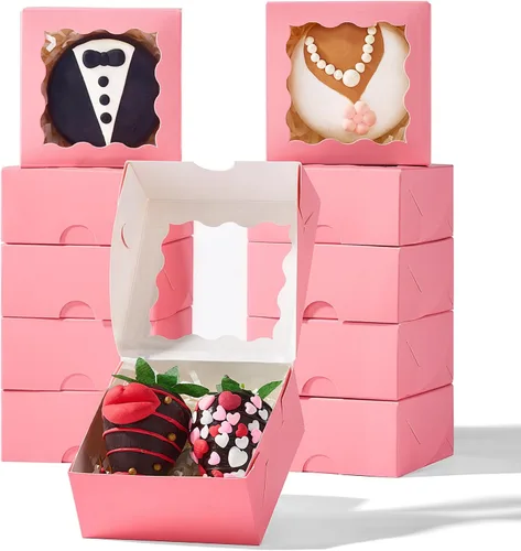 Vista 13 de RomanticBaking 50 cajas de trufas de chocolate para 4 unidades, mini cajas de panadería con ventana para brownie, galletas, jabón, donas, macarrones