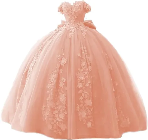 Vista 5 de TRHTX Vestidos de quinceañera con cuentas de encaje 2025 hinchados con hombros descubiertos dulces 16 vestidos de flores de tul vestido de membrillo
