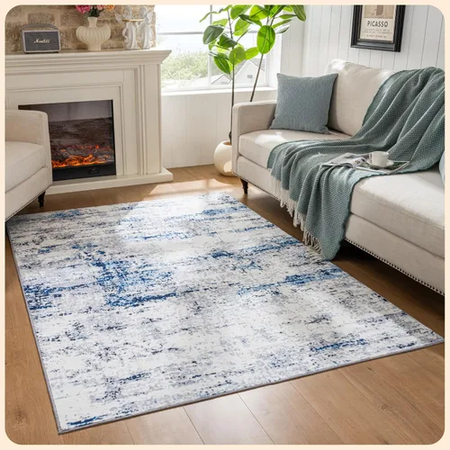 Vista 259 de Istana Alfombra larga antideslizante de 2.5 x 8 para el hogar, para pasillo y cocina, lavable, sedosa y suave al tacto, elegante, color azul y marfil