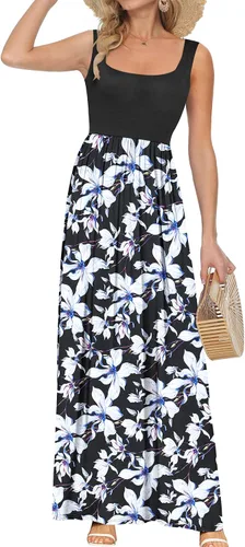 Vista 9 de AUSELILY Vestido largo con cuello cuadrado para mujer, sin mangas, floral, holgado, con bolsillos