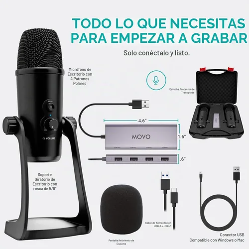 Vista 7 de Paquete de podcast USB para 2 personas Movo - 2 micrófonos de condensador y concentrador USB Negro
