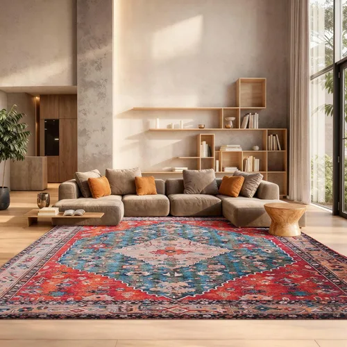 Vista 9 de SAFAVIEH Alfombra lavable Tucson Collection - 2 pies 6 pulgadas x 4 pies, beige y azul, antideslizante y fácil de limpiar, ideal para sala de estar