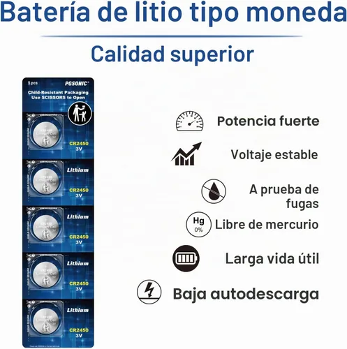 Vista 2 de PGSONIC Batería de litio CR2450 3V (5pcs)