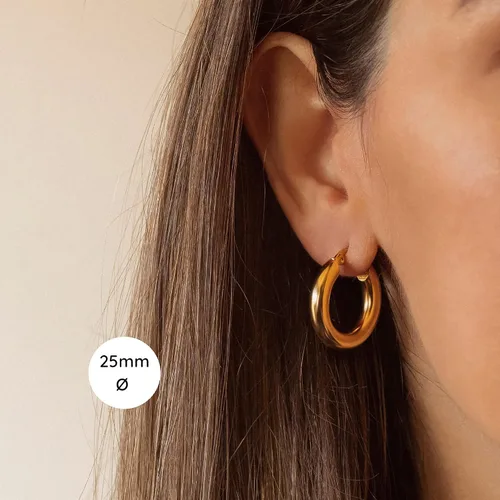 Vista 47 de Aretes de aro gruesos de oro para mujer, chapados en oro de 14 quilates, aretes de aro triple, hipoalergénicos, a la moda, aretes de aro gruesos