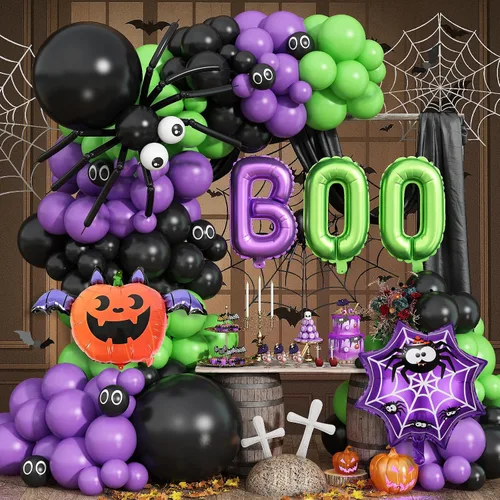 Vista 20 de Kit de arco de guirnalda de globos de Halloween, 116 piezas de arco de globos naranja y negro blanco, globos de papel de aluminio con estrella