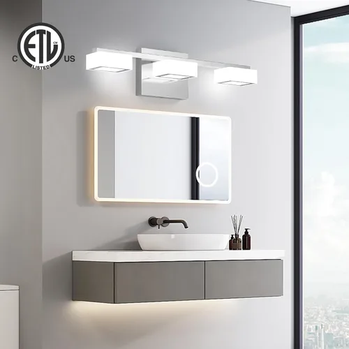 Vista 2 de Moderna lámpara LED de baño sobre el espejo, 3 luces regulables de tocador, lámpara de tocador de baño de acrílico cromado, ajustable de 2700 K-6500