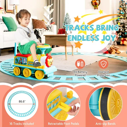 Vista 4 de GLACER Tren de paseo con 16 pistas para niños, juguete eléctrico con luces y sonidos, caja de almacenamiento debajo del asiento y pedales Azul