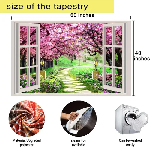 Vista 7 de Tapiz japonés de flores de cerezo para ventana, camino de bosque de árboles, flores rosas, botánico, floral, paisaje natural, estético para sala