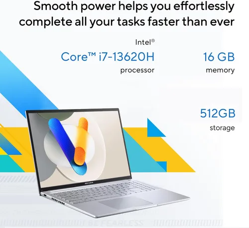 Vista 11 de ASUS Vivobook 16 Laptop, pantalla WUXGA de 16" a 60Hz, Intel Core i7-13620H, Intel UHD Graphics, 16 GB de RAM, SSD de 512 GB, Windows 11, plata