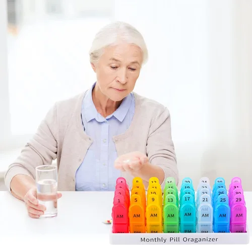 Vista 9 de Greencycle Organizador mensual de pastillas para 30 días, 2 veces al día, organizador de medicamentos de 4 semanas, a prueba de humedad