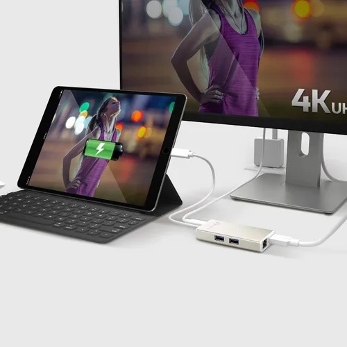 Vista 3 de j5create Estación de acoplamiento multiadaptador USB C Hub con HDMI 4K, 2 puertos USB 3.1 SuperSpeed, Ethernet, Power Delivery 2.0 (JCA374)