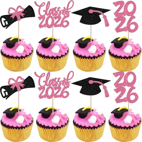 Vista 34 de 24 piezas 2026 temáticas de graduación 2026 decoraciones para cupcakes con purpurina clase de 2026 Diploma Congrats 2026 Tapa de graduación