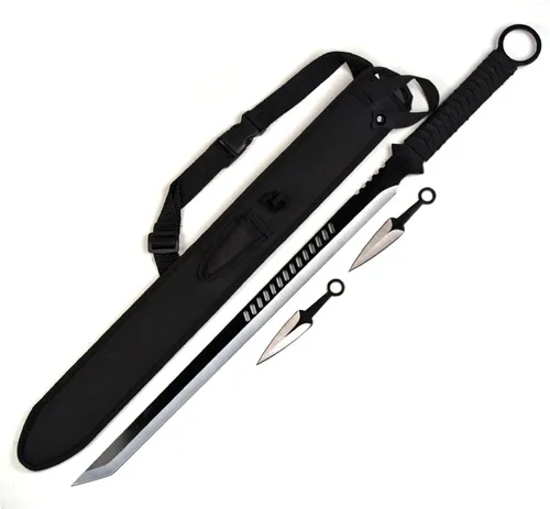 Vista 2 de Espada ninja, machete, cuchillo de lanzamiento táctico, hoja, katana, tanto, de 27 pulgadas Hoja única negra