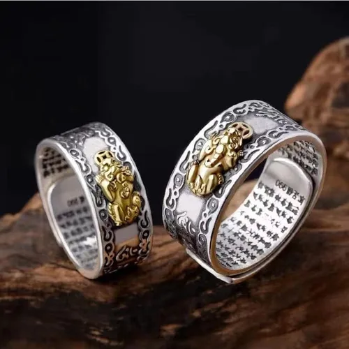Vista 6 de Anillo Feng Shui PiXiu Mantra Anillos Budista Ammuleto Protección Riqueza Amor Salud Anillo Amuleto Buena Suerte Mantra Anillo Doble Dedo Protección