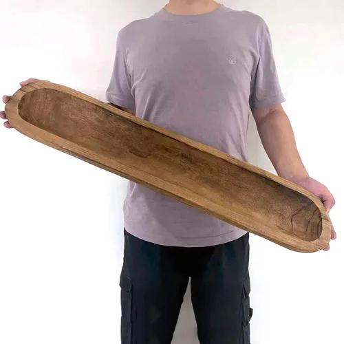 Vista 13 de Cuencos de masa de madera decorativos, cuencos largos rústicos para decoración de pan, bandeja de madera, tallados a mano para decoración de centro