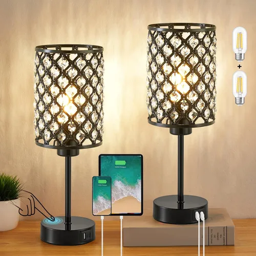 Vista 11 de Lámpara de mesa de cristal, lámpara táctil púrpura con puerto USB C+A Púrpura-1