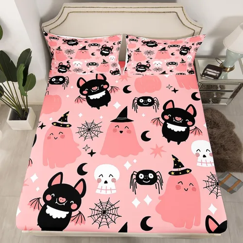 Vista 15 de Juego de sábanas bajeras con bonito diseño de gato negro para niños y niñas, diseño de dibujos animados de Halloween, gato, animales, sábanas