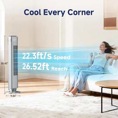 Vista 2 de 36 Inch Tower Fan for Bedroom, 22.3ft/s Velocity Standing Fan with 28dB Quiet for Sleep, Remote, LED Display, 5 Speeds, 4 Modes, 12H Timer, 64
