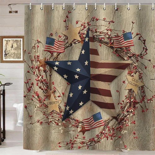 Vista 34 de Namdeva Cortina de ducha con bandera estadounidense, diseño de estrellas y rayas patrióticas, 4 de julio, Día de la Independencia, tablero