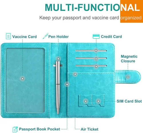 Vista 6 de RSAquar Combo de portatarjetas de pasaporte y vacunación, funda de pasaporte, funda de cuero para tarjetas de viaje, accesorios con bloqueo RFID