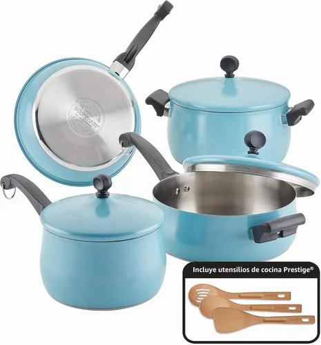 Vista 2 de Farberware Juego de 120 ollas y sartenes de acero inoxidable de edición limitada con herramientas de cocina Prestige, 10 piezas, color azul Azul