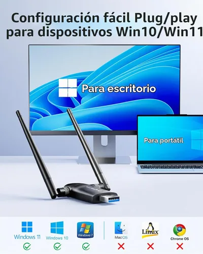 Vista 6 de Nineplus Adaptador WiFi USB inalámbrico para PC - 1300 Mbps Antenas duales 5Dbi 5G/2.4G Adaptador WiFi para PC de escritorio portátil