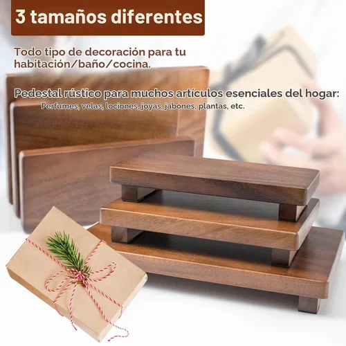 Vista 5 de Soporte de Pedestal de Madera de Nogal, Elevador de Madera para Decoración de Granja para Encimera de Cocina, Bandeja de Exhibición Rectangular