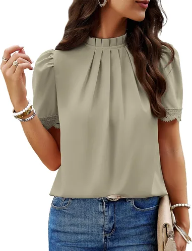 Vista 12 de BTFBM Blusas de cuello alto falso para mujer, elegantes y casuales Verde oscuro