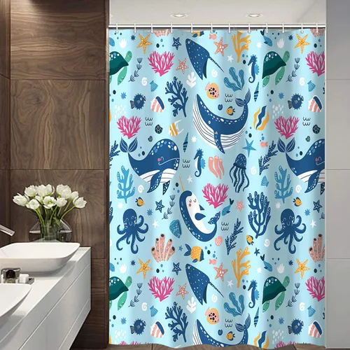 Vista 6 de Cortina de ducha náutica para niños, azul bohemio, océano, tiburón, abstracto, dibujos animados, decoración de baño, con cortinas de ducha de tela