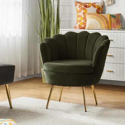 Vista 22 de HULALA HOME Silla decorativa moderna de terciopelo con respaldo en forma de concha, bonito sillón para sala de estar, dormitorio con patas doradas