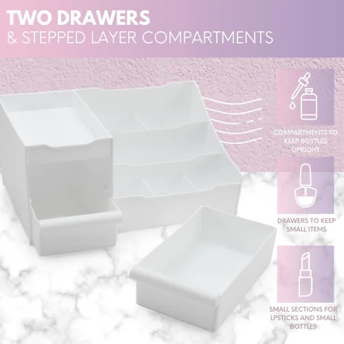 Vista 4 de Mantello Organizador de maquillaje para tocador - Organizador de cosméticos blanco con múltiples compartimentos para maquillaje y artículos de aseo