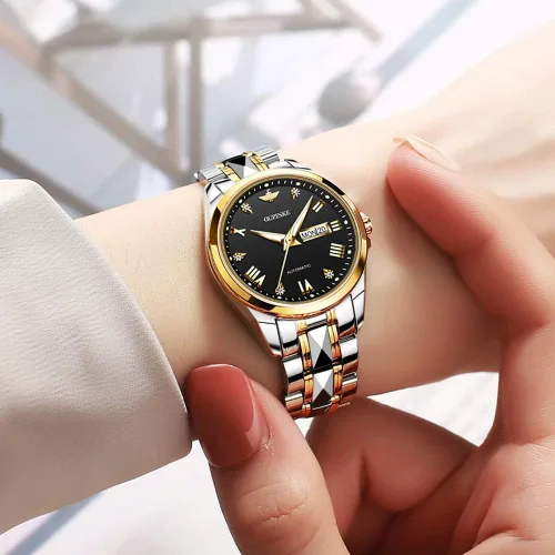 Vista 4 de OLEVS Reloj de pulsera mecánico de cuerda automática para mujer, de marca suiza, vestido de cristal de zafiro, impermeable, para mujer