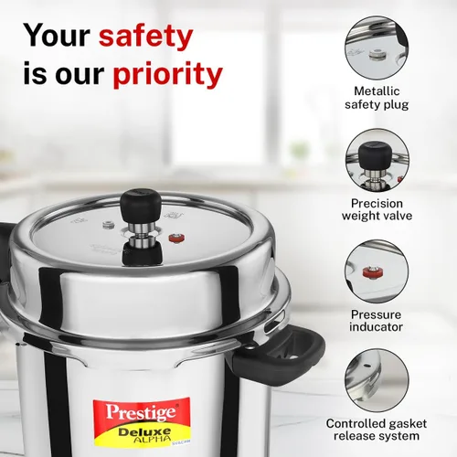 Vista 6 de Prestige Deluxe Alpha Svachh - Olla a presión de acero inoxidable con base Alpha y tapa profunda para control de derrames, (10 litros)