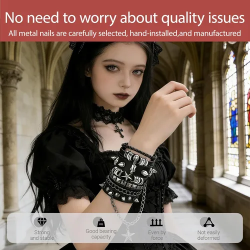 Vista 5 de Juego de 4 pulseras góticas para hombres y mujeres, pulseras de cuero con tachuelas punk rock, traje rockero de los años 80 para hombres y mujeres