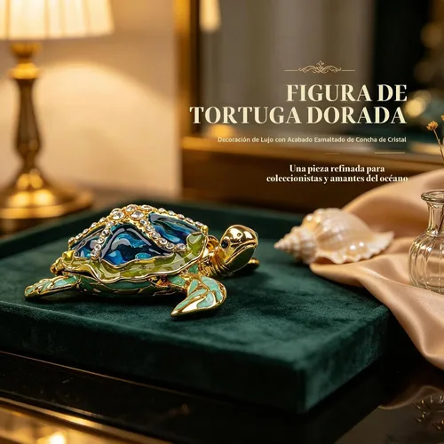 Vista 9 de Caja de joyería decorativa con bisagras en forma de tortuga marina, con figura de estrella de mar Azul-Dorado