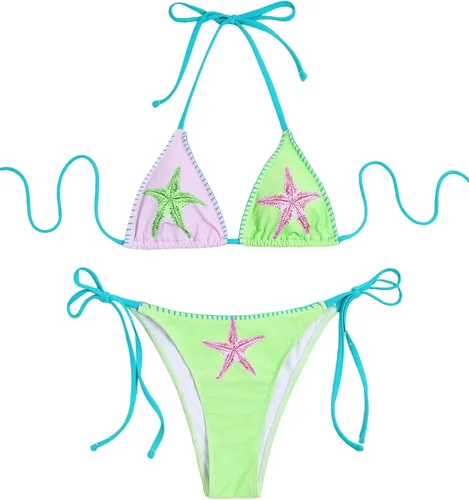 Vista 10 de ZAFUL Bikinis triangulares estampados para mujer, 2 piezas, bikini halter, traje de baño de corte alto, traje de baño con lazo lateral 0-negro a