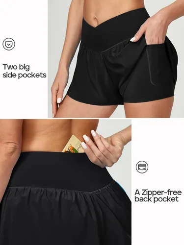 Vista 3 de Ewedoos Pantalones cortos deportivos cruzados fluidos para mujer con 3 bolsillos 2 en 1, pantalones cortos de mariposa de cintura alta para correr