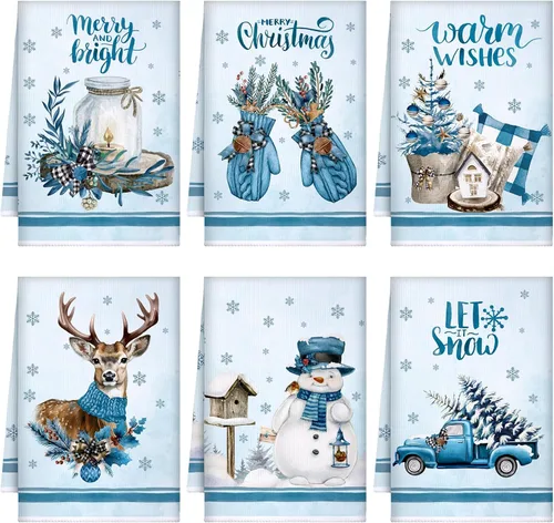Vista 8 de Geyoga 6 piezas de toallas de cocina de Navidad, toallas de mano de Navidad con diseño de muñeco de nieve, absorbentes, toallas de cocina vintage