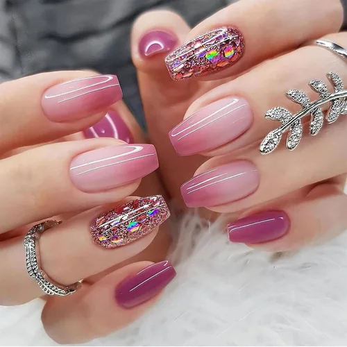 Vista 10 de Uñas postizas medianas con diseño de ataúd SWEKKE a presión, uñas postizas de cobertura completa rosa con diseños de flores, uñas adhesivas C1