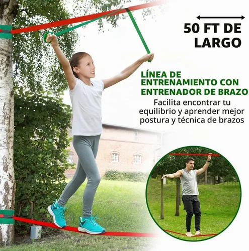Vista 6 de Dripex Carrera de obstáculos Ninja Warrior para niños, líneas de holgura de 2 x 50 pies para patio trasero con 8 accesorios ninja, barra de mono