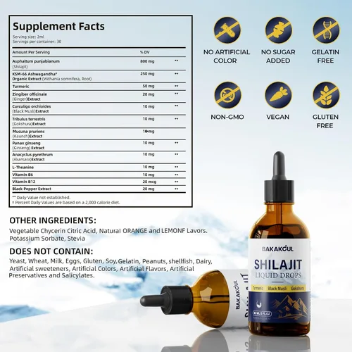 Vista 2 de Shilajit - Gotas líquidas para hombres, rico Ashwagandha, cúrcuma, musli negro con apoyo inmunológico, impulso de energía, shilajit puro
