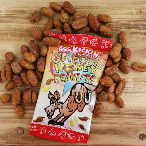 Vista 4 de ASS KICKIN' Chipotle - Cacahuetes picantes tostados con miel – Paquete de 24 unidades de 1 onza – El mejor regalo gourmet picante