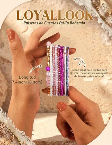 Vista 3 de LOYALLOOK Juego de 6 pulseras de cuentas apilables bohemias para mujer, estilo bohemio, elásticas, de varias capas, estilo bohemio