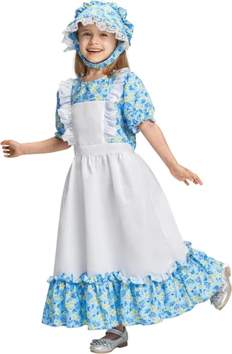 Vista 7 de Girls Pioneer Costume, Colonial Prairie Dress Bonnet 2 Pcs Floral Outfit for Kids Village Party Cosplay 3-10Y