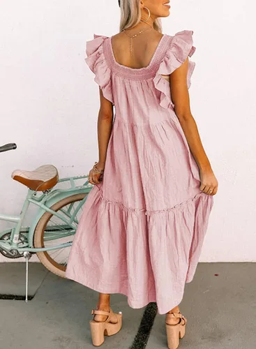 Vista 3 de Dokotoo Vestido de mujer 2023 Primavera Verano Cuello Cuadrado Estilo Hombro Descubierto Elegante Volantes Dobladillo Falda Mini Vestidos S-XL
