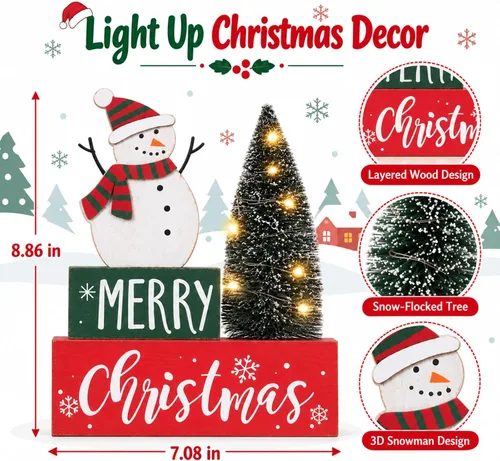 Vista 4 de Decoraciones de Navidad para el hogar, árbol de Navidad con luces LED, temporizador, letrero de muñeco de nieve de granja, signo de mesa de madera