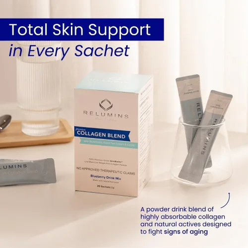Vista 6 de Relumins Paquete de colágeno y gluta de primera calidad, 10 sobres de colágeno marino (sabor a arándano) + 60 cápsulas vegetarianas, apoya