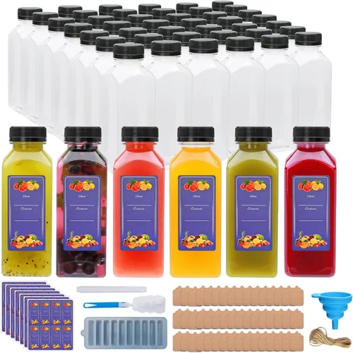 Vista 9 de Botellas de plástico de 8 onzas con tapas, botellas de plástico con tapas negras a prueba de manipulaciones, recipientes de jugo reutilizables
