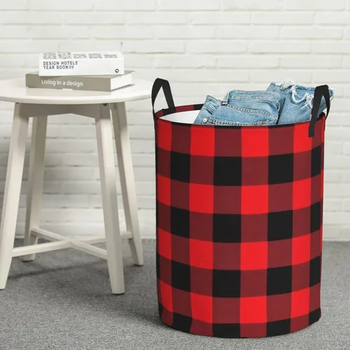 Vista 8 de Cesta circular con estampado de cuadros de búfalo impermeable, cesta organizadora de lavandería, con asas, para ropa, juguetes, pequeña